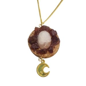 18K Gold Garnet Chips Quartz Gold Cork Pendant Necklace Moon Charm Necklace